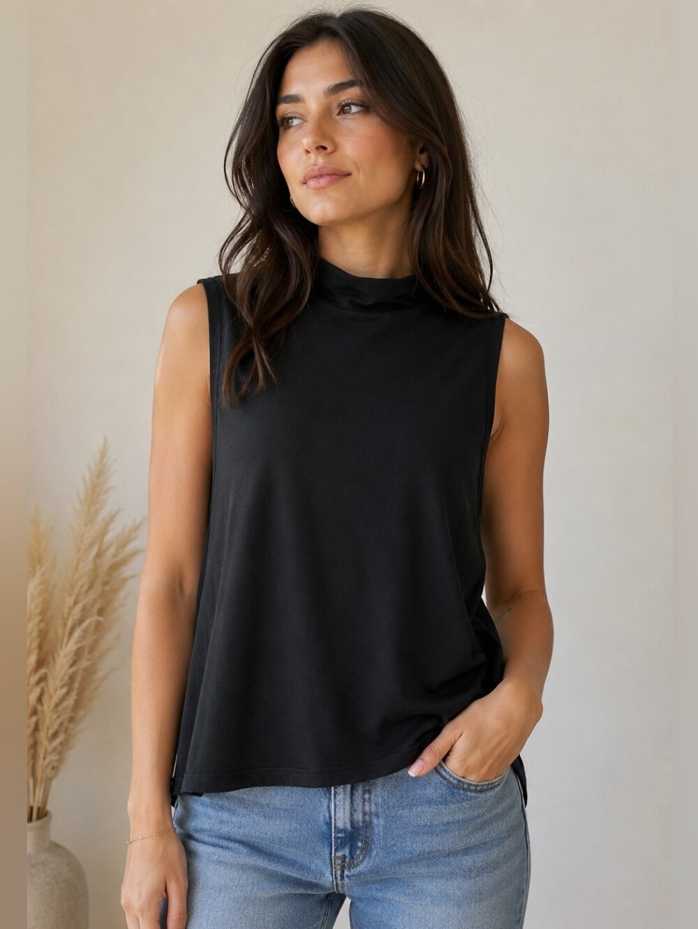 Babaton Black Sleeveless Mock Neck Tank